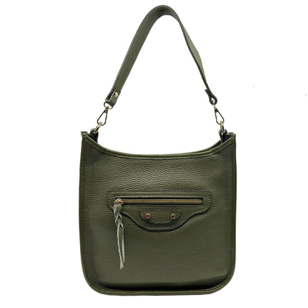 Schultertasche, Sly, Leder oliv geprägt, Front